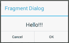 タイトルが「Fragment Dialog」で中央に「Hello!!!」と表示されたフラグメントダイアログ